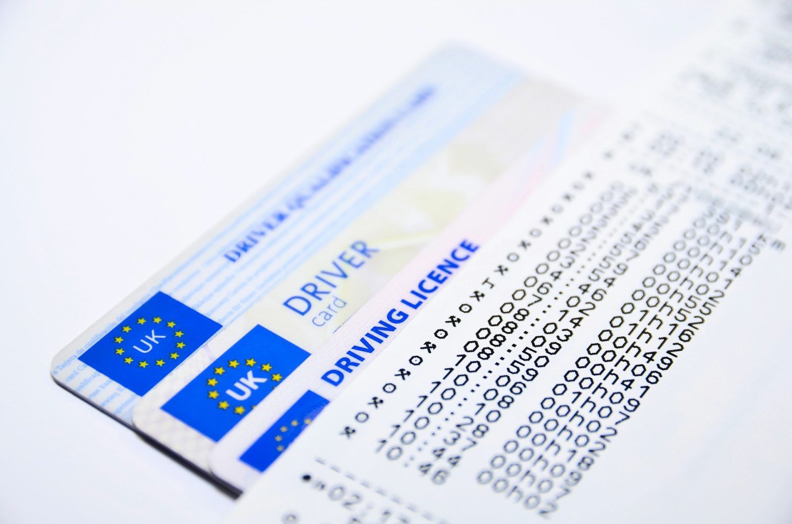 three british driver licenses covered by white printed receipt