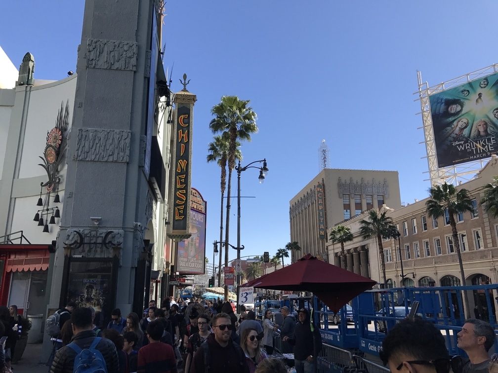 busy hollywood boulevard lots of tourists in front of chinese theatre on a sunny day in hollywood california