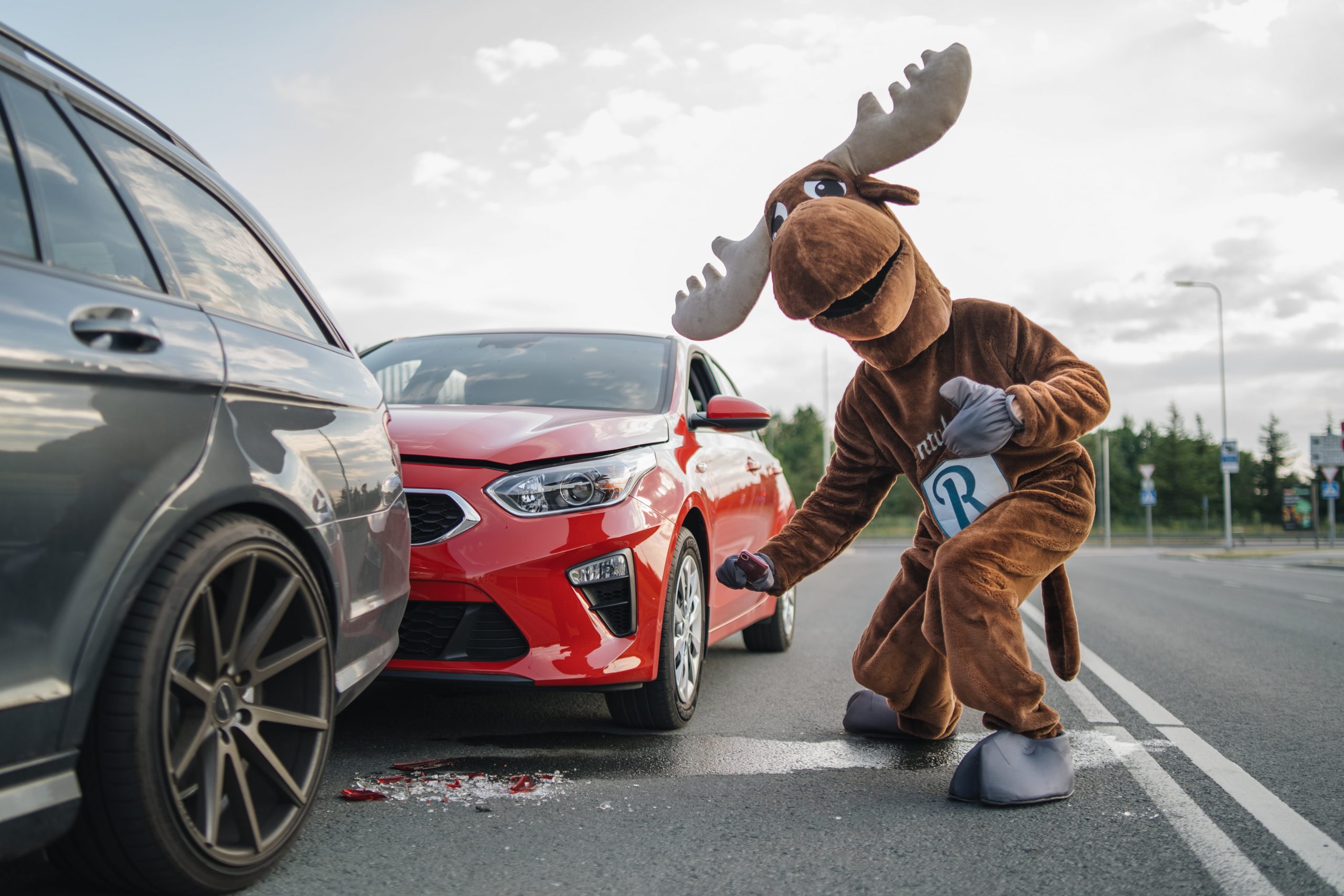 Rental Moose mascot photographing red Kia, damaged rental car. Getting evidence after a collision in a rental car is crucial. 