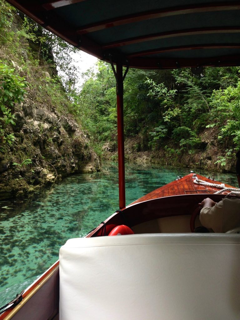 Taking a boat tour through a river in the jungle, Mexico wilderness near Tulum. Stunning scenery on a cloudy day in the yucatan peninsula.