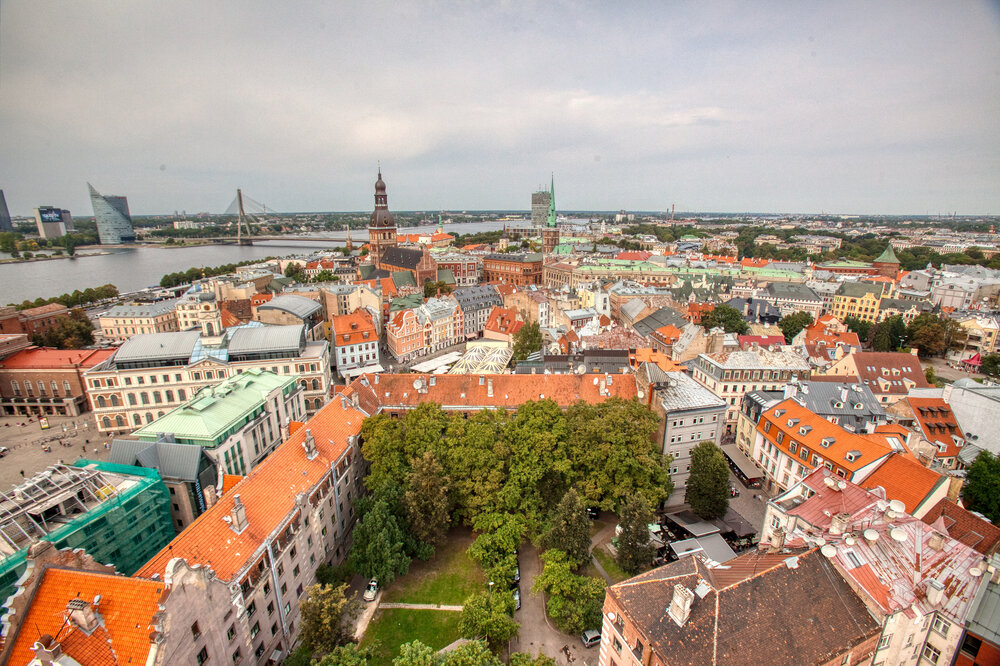 Medieval buildings in the heart of the old town of Riga, Latvia. Panoramic view of riga's old town from above on a sunny day in the Baltics.