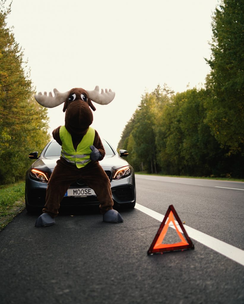 rental moose mascot posing next to broken down mercedes. Dont forget to purchase roadside assistance when booking rental cars for a road trip.