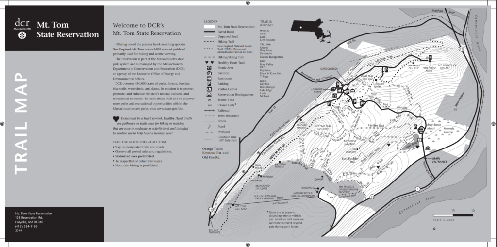 black and white map of hiking trails in Mont Tom State Reservation Area, Massachusetts.