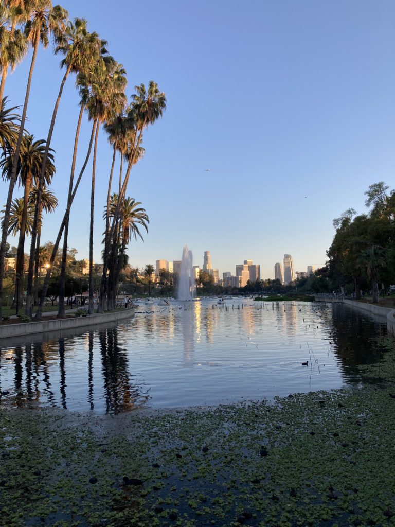 Los Angeles skyline seen from Silver Lake Park during sunset.